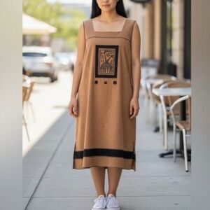 Piccalino Woman Giraffe Patch Dress Women OS Camel Tan Excellent Faux Suede Midi